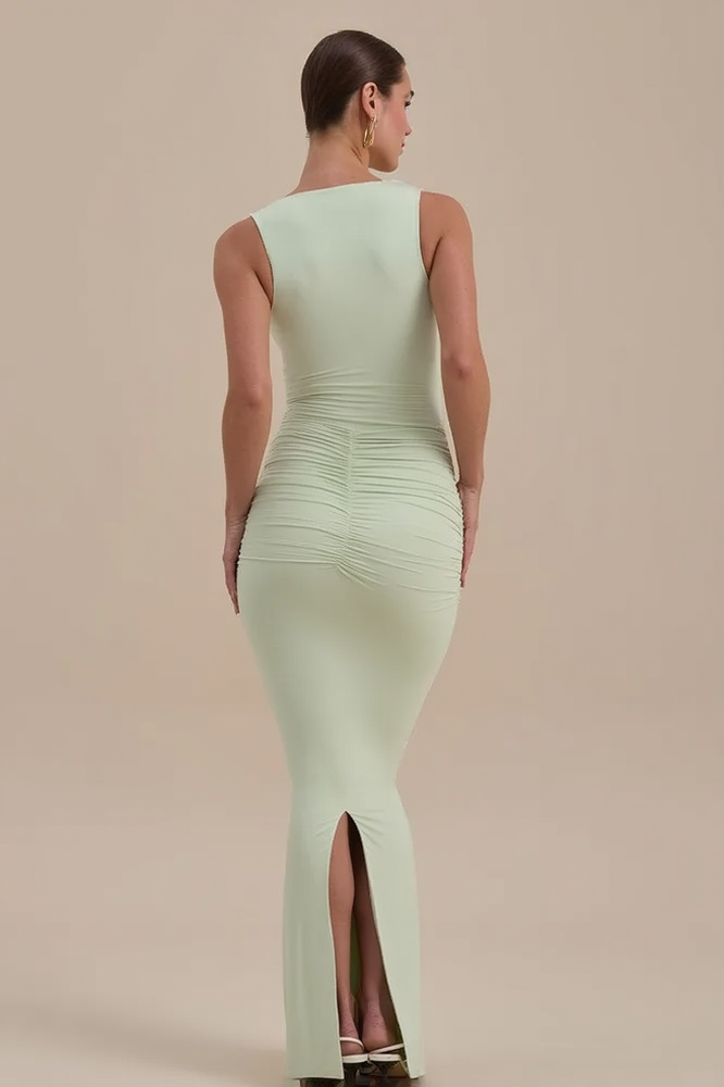 V-Neck Sleeveless Ruched Bodycon Maxi Dress - View 9