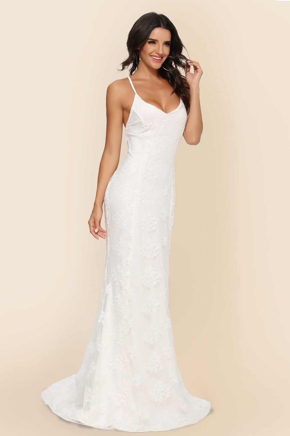 Lace V-Neck Spaghetti Strap Backless Mermaid Gown - View 7