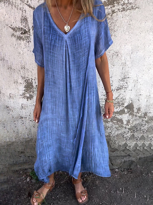 V-Neck Short Sleeve Textured Maxi Dress