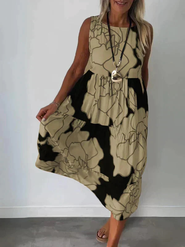 Sleeveless Round Neck Tiered Swing Midi Summer Dress - View 3