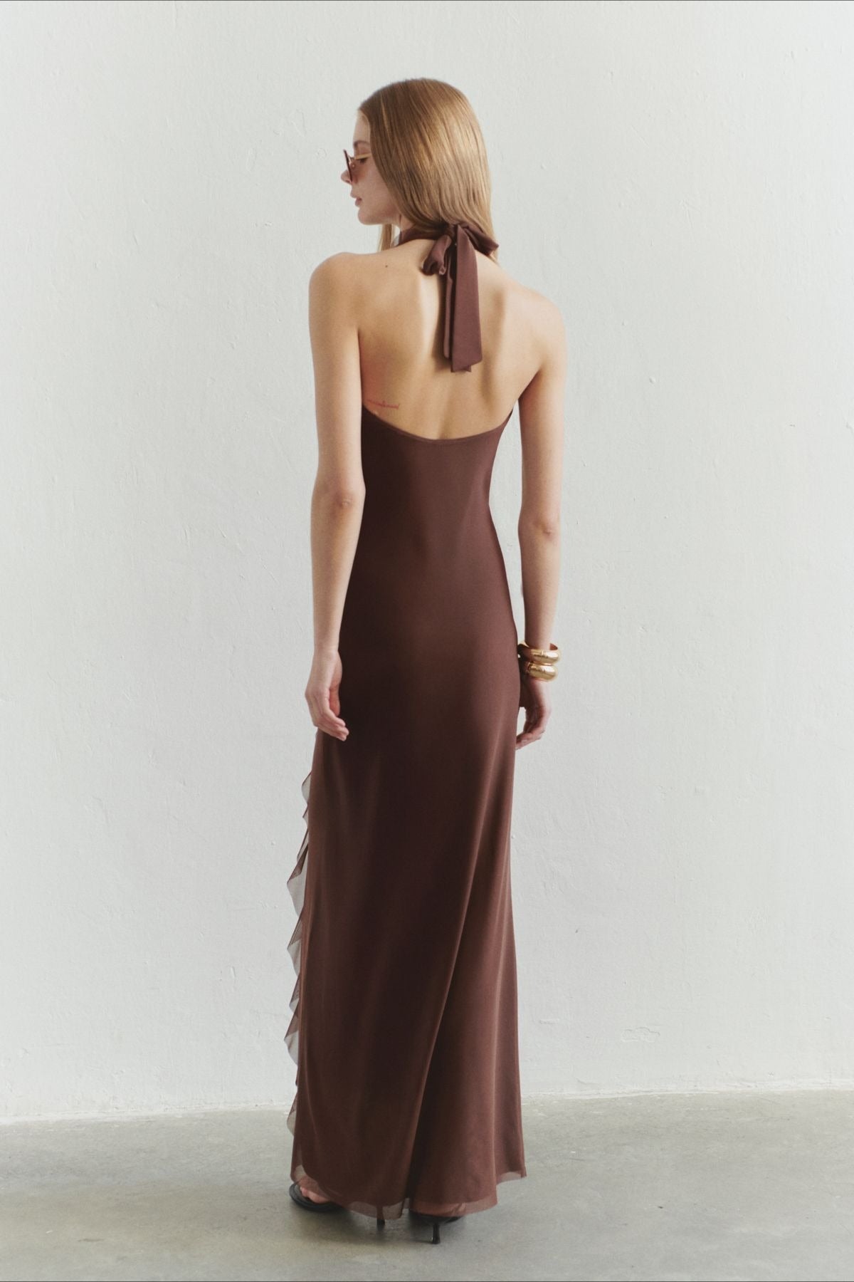 Chiffon Halter Deep V-Neck Ruffle Trim Backless Slip Maxi Dress - View 8