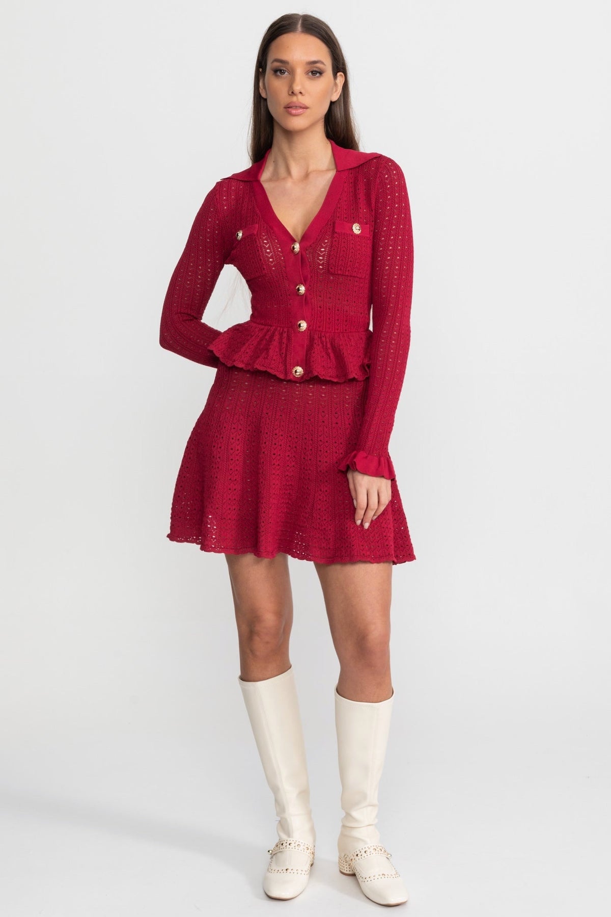 Pointelle Knit Mini Dress with Peplum Hem – Dark Red - View 3