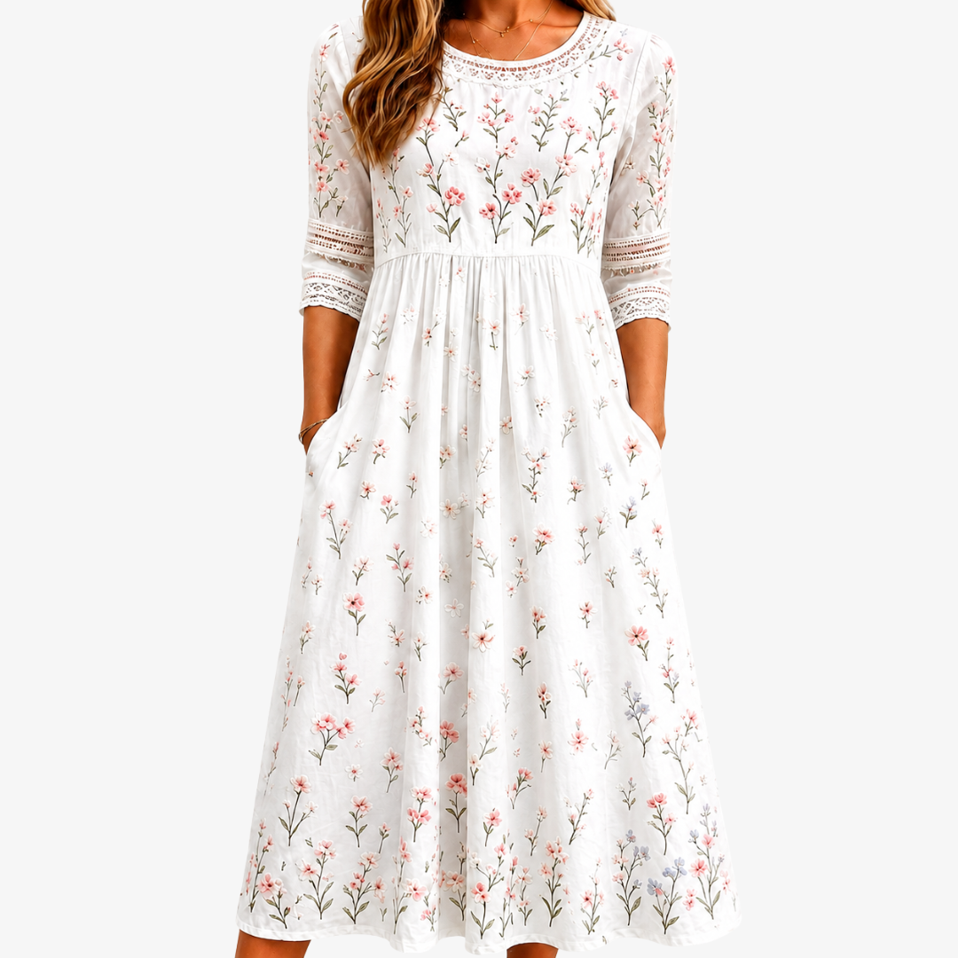 Floral Lace Trim Pocket A-Line Midi Dress