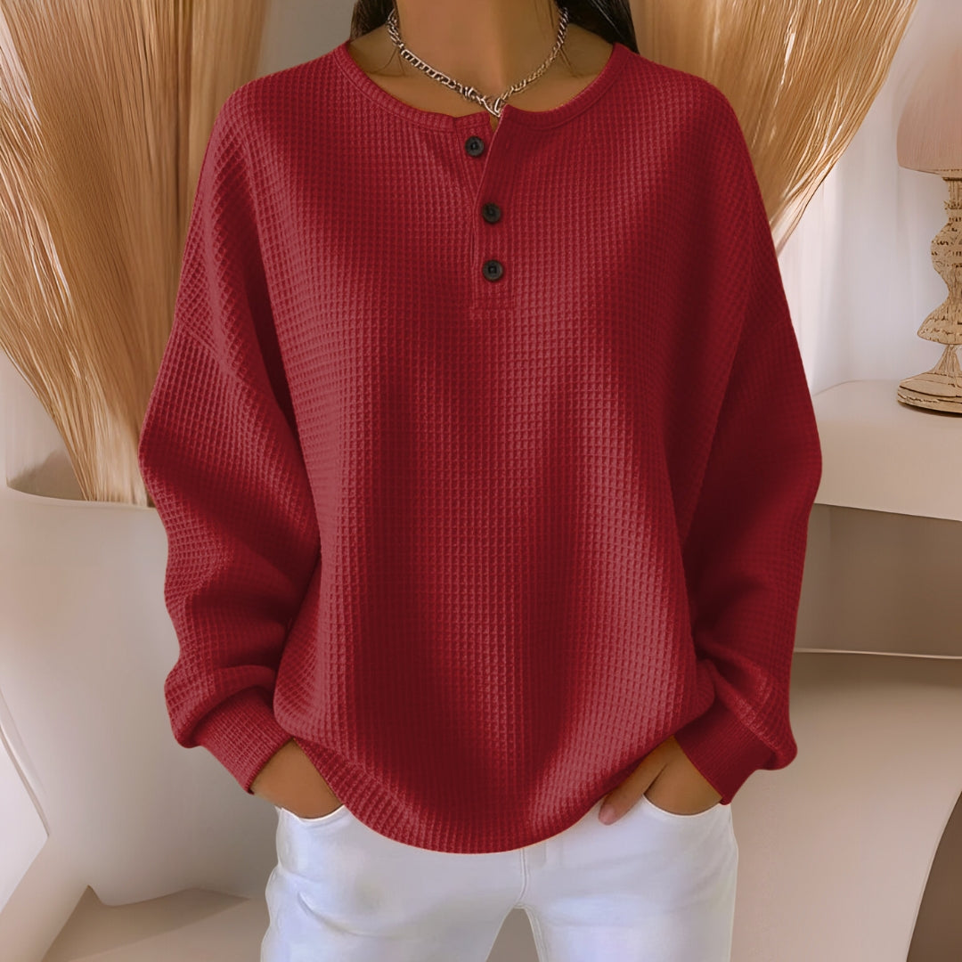 Waffle Knit Button Henley Long Sleeve Top 3
