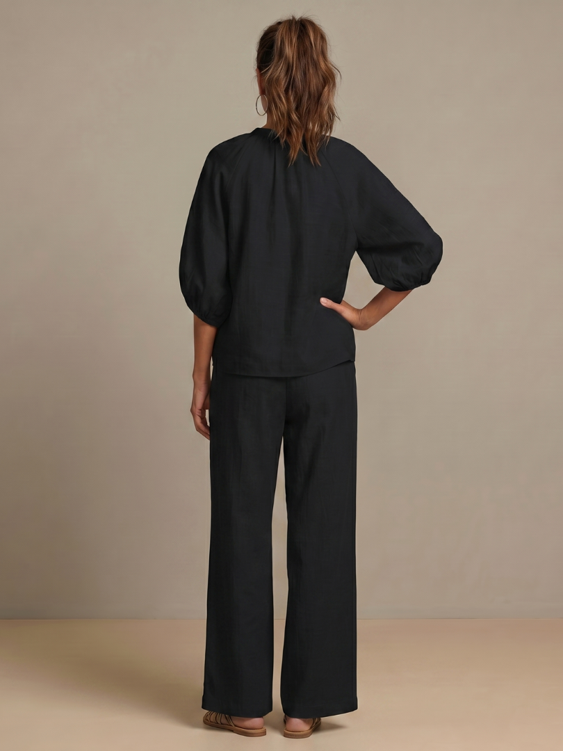 Puff Sleeve Zip Front Top and Wide Leg Pants Two Piece Set 17