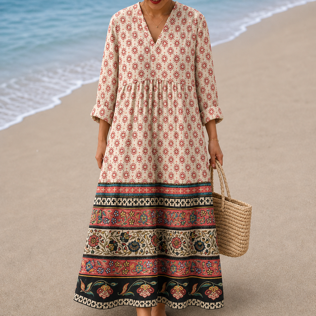 V-Neck Long Sleeve Bohemian Border Print Tiered Midi Dress
