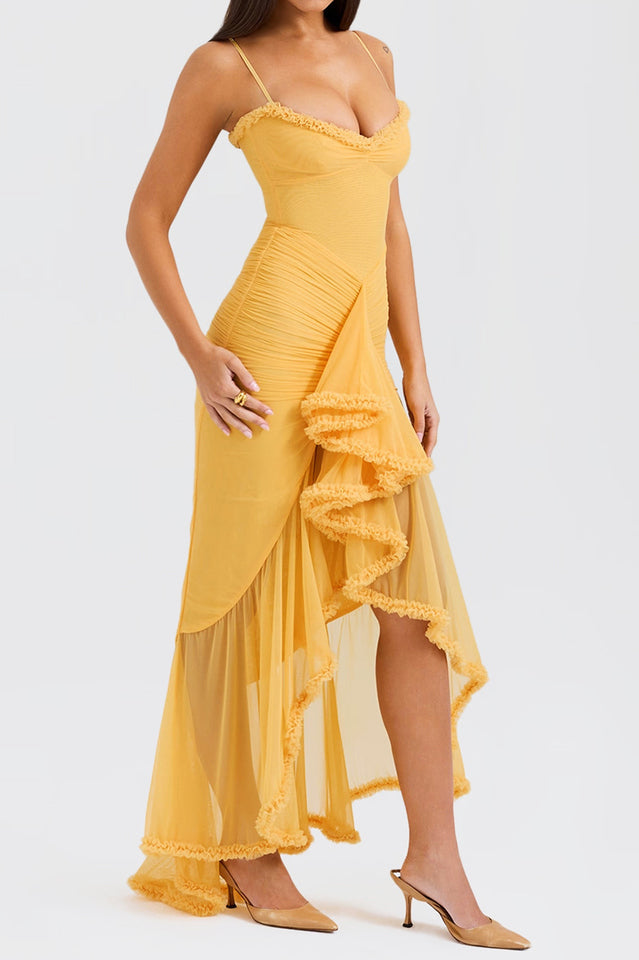 Chiffon Spaghetti Strap Sweetheart Ruched Cascading Ruffle Gown - View 2