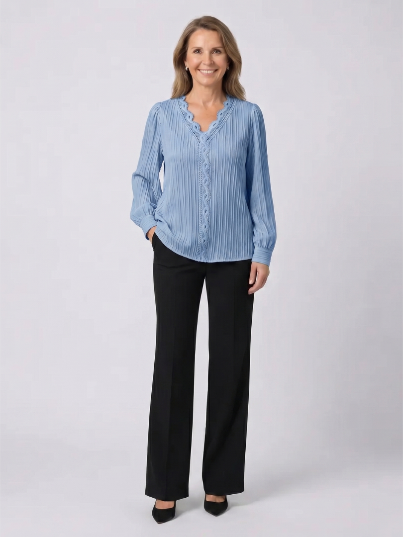 V-Neck Long Sleeve Lace Trim Pleated Blouse