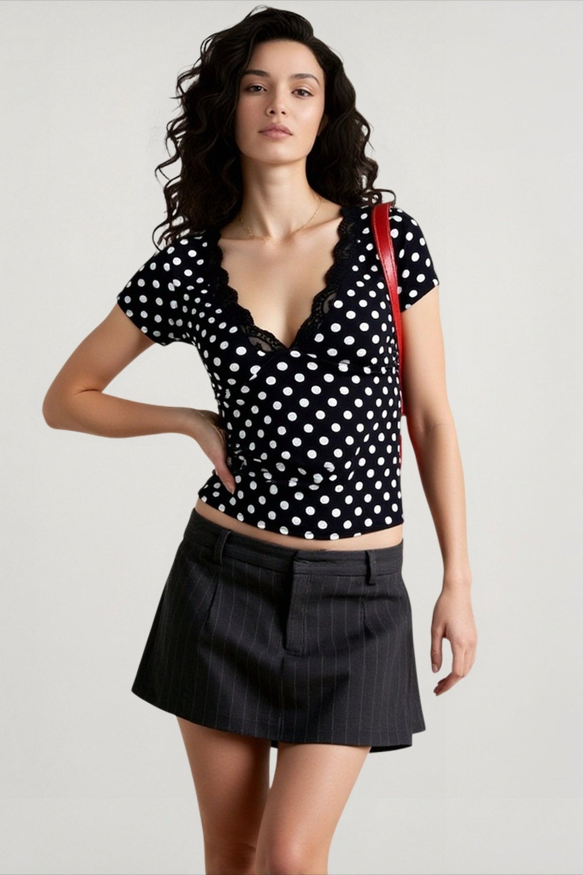 Colorblock Dot V Neck Top