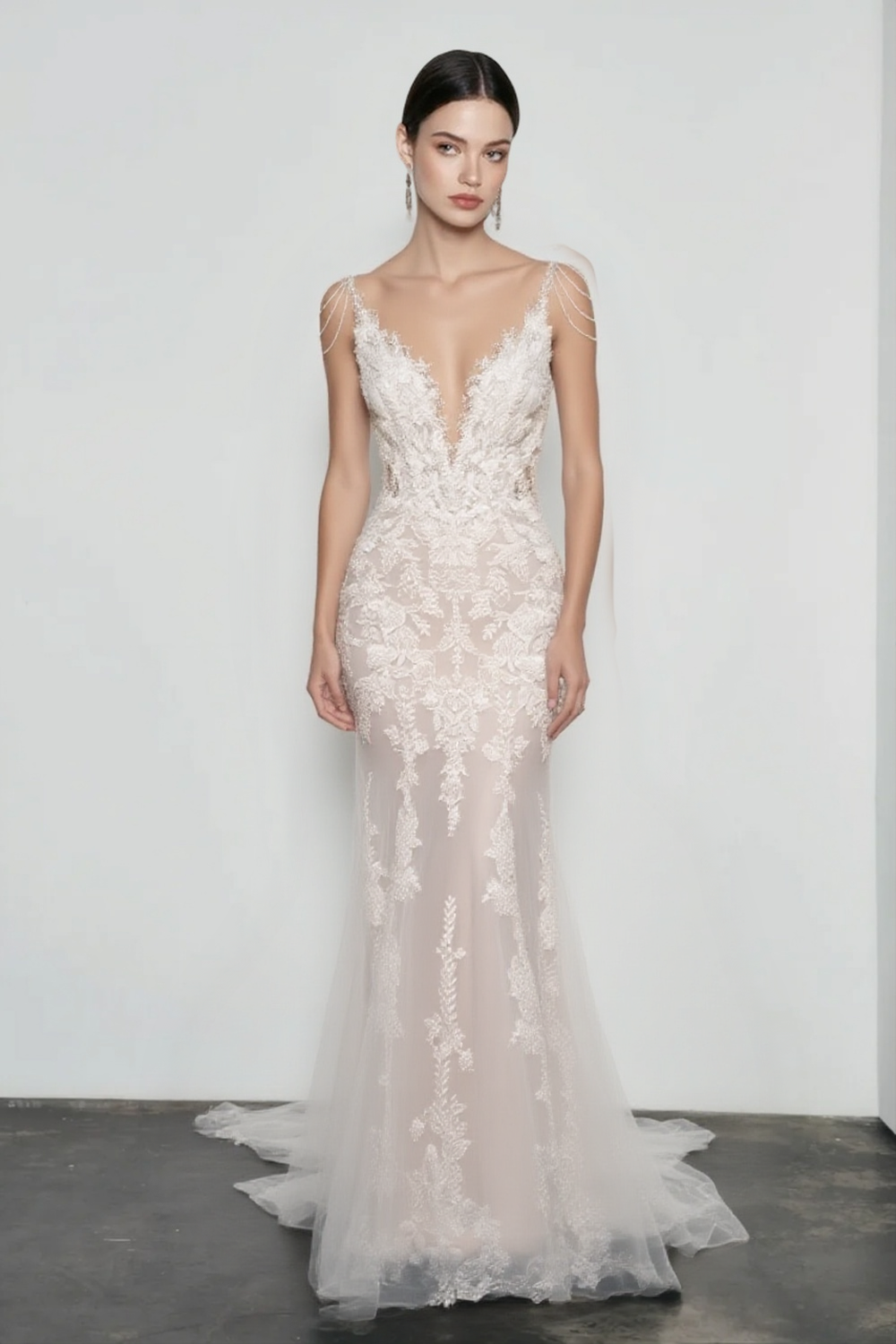 Deep V-Neck Floral Lace Beaded Strap Mermaid Gown 2
