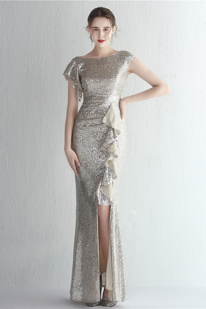 Sequin High Neck Cap Sleeve Ruffle High Split Mermaid Gown - View 13