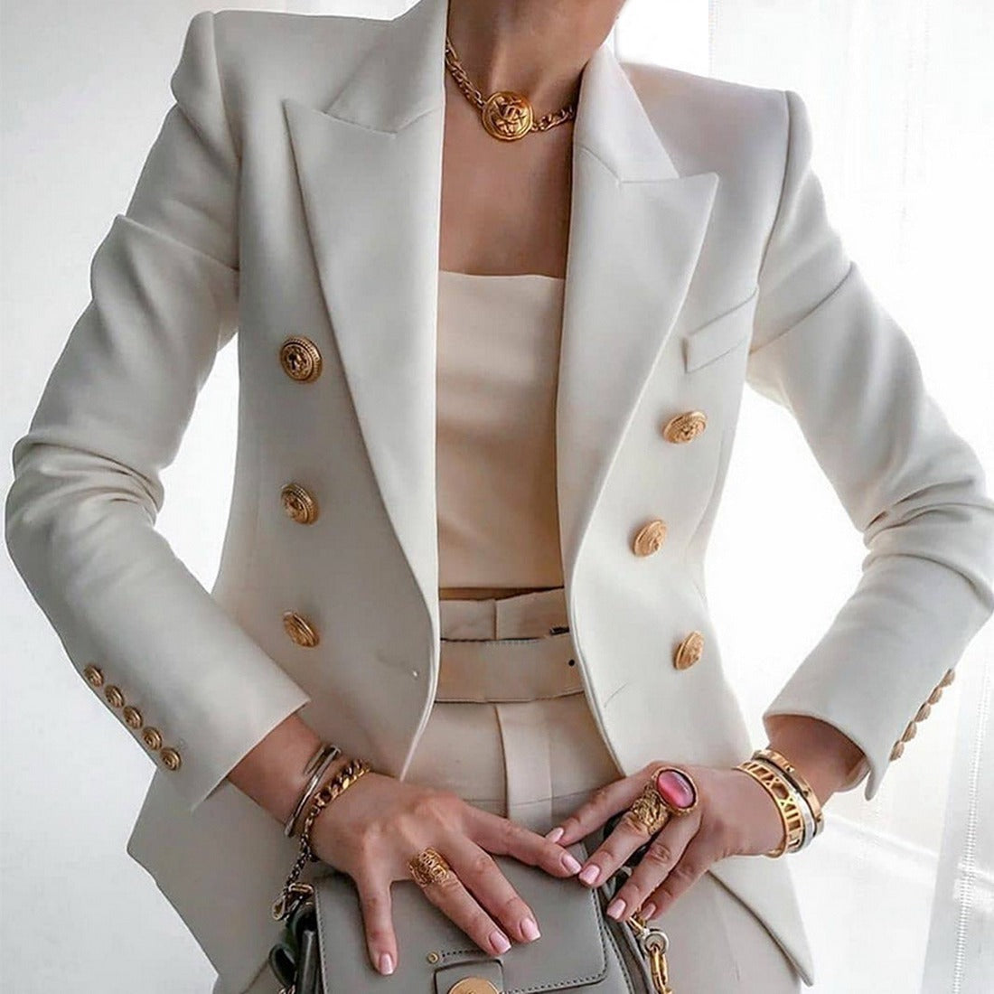 Peak Lapel Double Breasted Gold Button Blazer 5