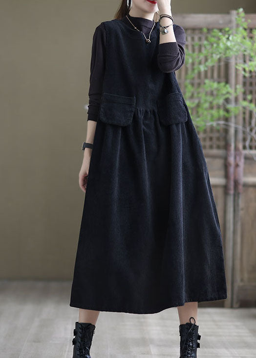 Corduroy Sleeveless Round Neck Flap Pocket A-Line Midi Dress - View 2