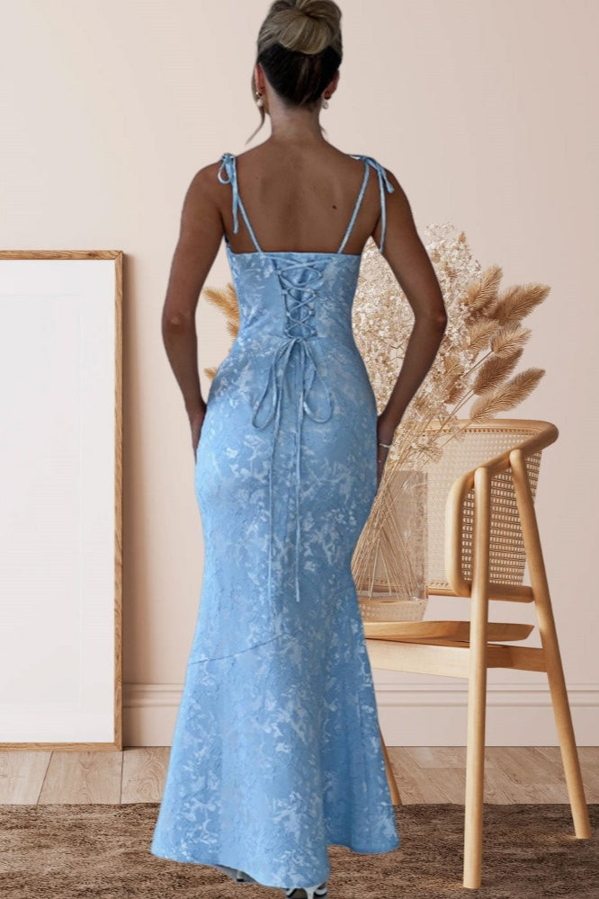 Jacquard Square Neck Backless Mermaid Maxi Dress - View 5