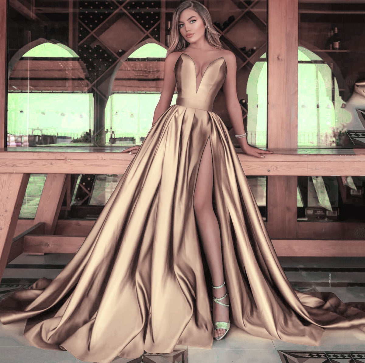 Strapless Plunging Deep V-Neck Pleated High Split Satin Maxi Gown - View 9