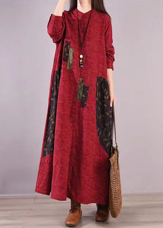 Linen Stand Collar Button Front Patchwork Panel Pocket Maxi Dress - View 2