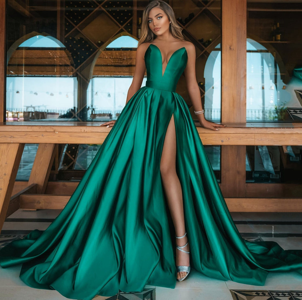 Strapless Plunging Deep V-Neck Pleated High Split Satin Maxi Gown - View 8