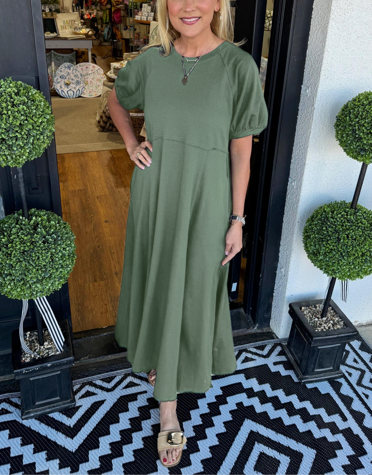 Round Neck Puff Sleeve Fit and Flare Midi Dress 4