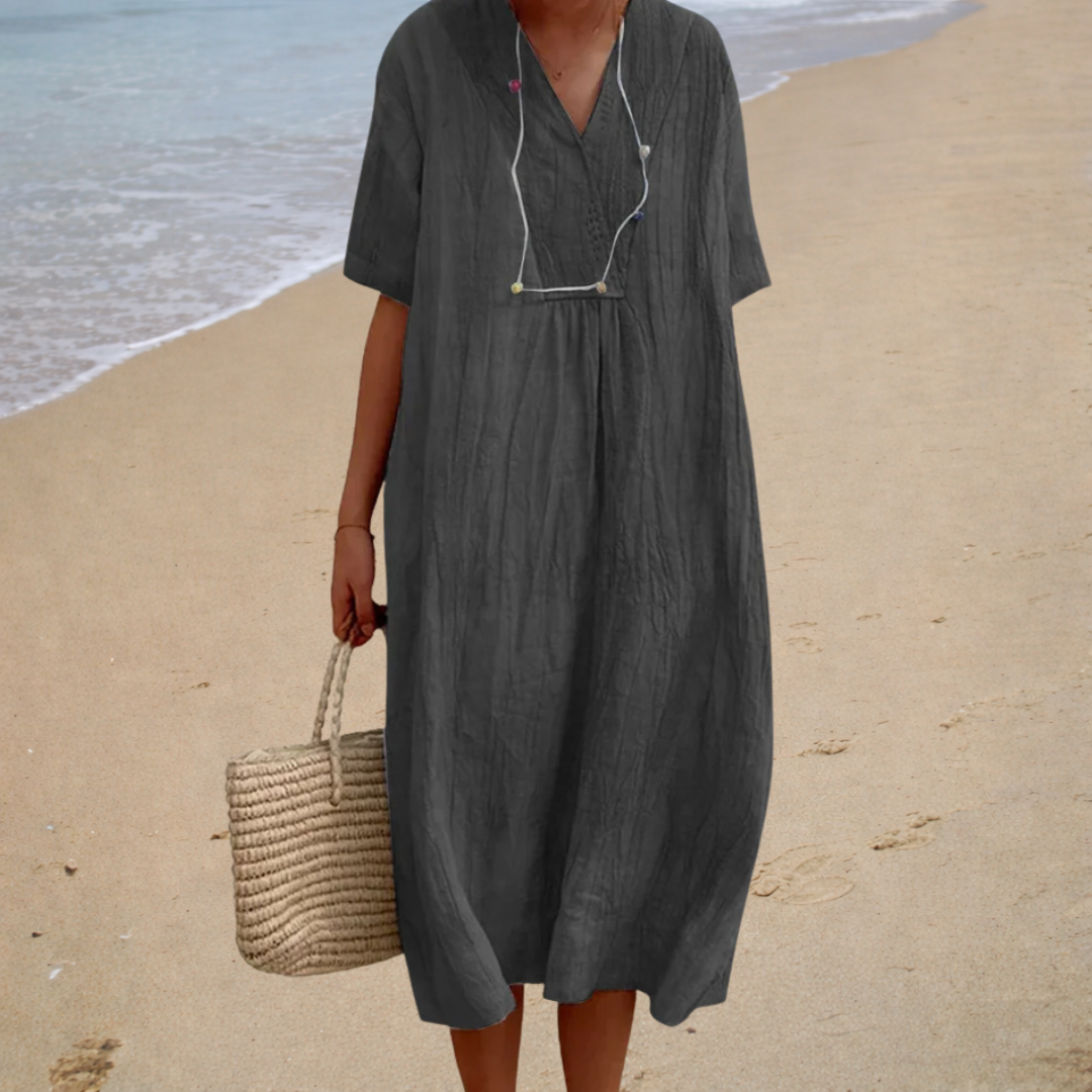 Linen Look V-Neck Short Sleeve Loose Beach Maxi Dress 2