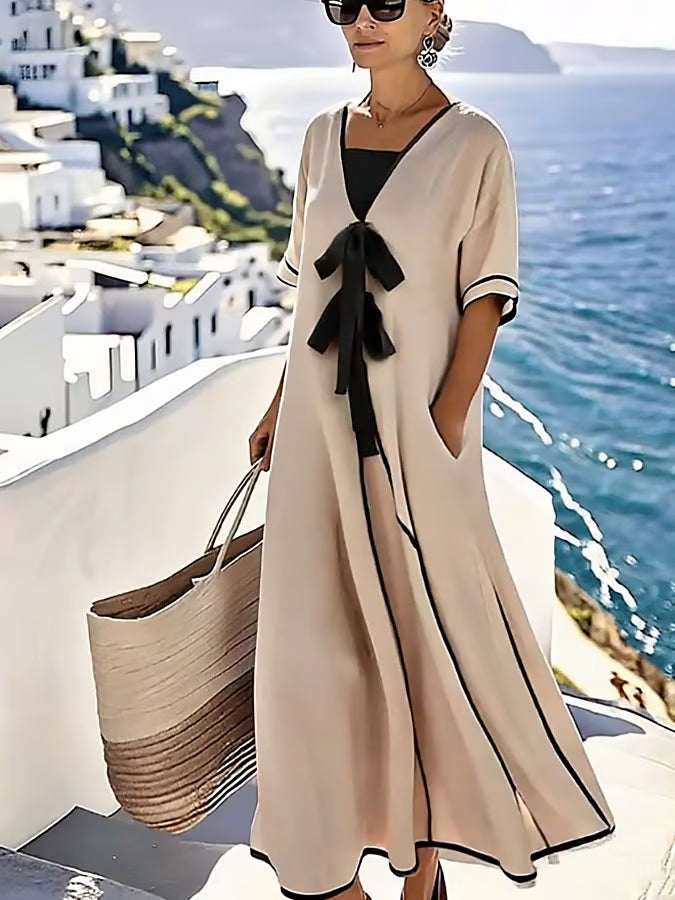 Contrast Trim Bow Front V-Neck Short Sleeve Maxi Dress