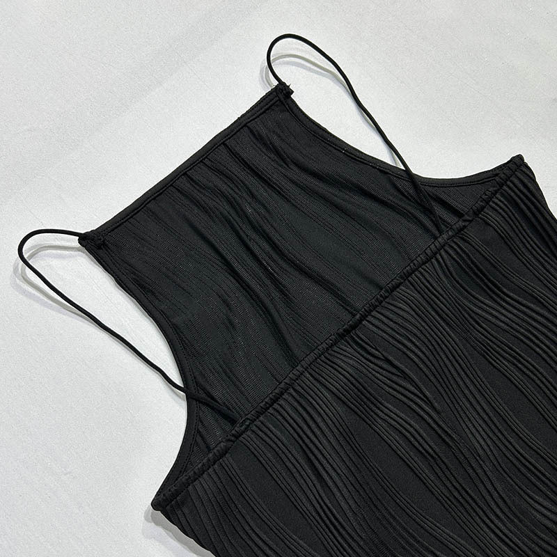 Plisse Texture Halter Neck Sleeveless Bodycon Slit Maxi Dress - View 10