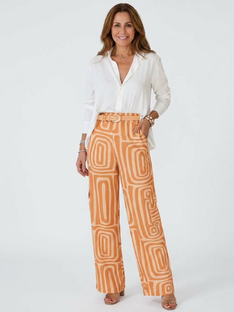 Geometric Print Belted Wide Leg Pants