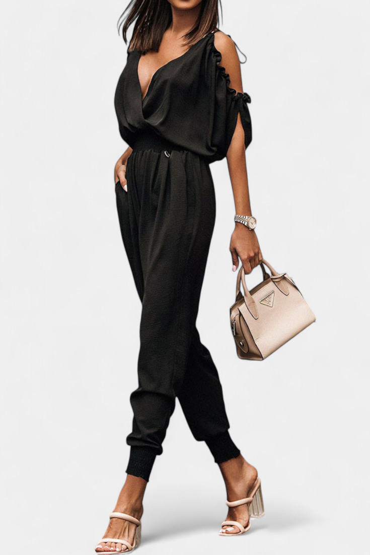 Cold Shoulder Wrap V-Neck Smocked Waist Tapered Jumpsuit 3