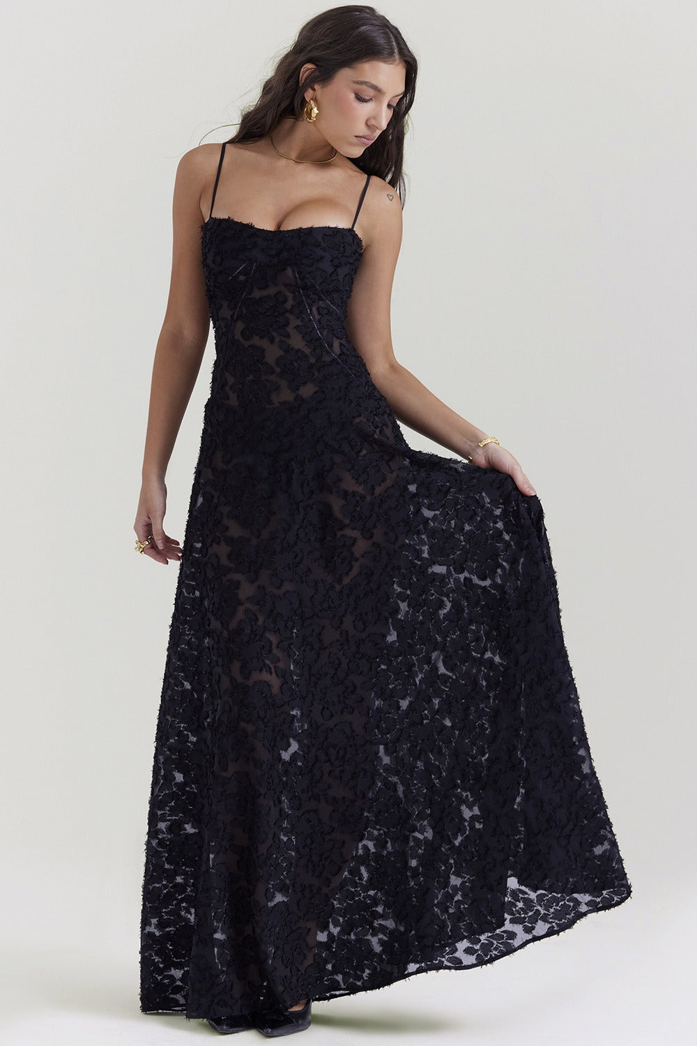 Lace Spaghetti Strap Corset Flowy Maxi Dress