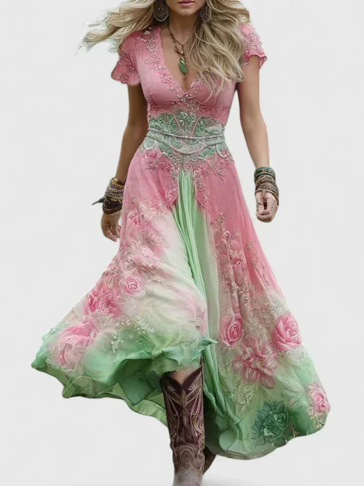 V-Neck Short Sleeve Floral Embellished Waist Maxi Dress 5