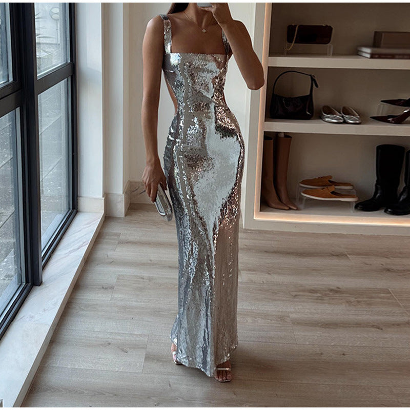 Sequin Square Neck Cut Out Backless Mermaid Maxi Dress - View 5