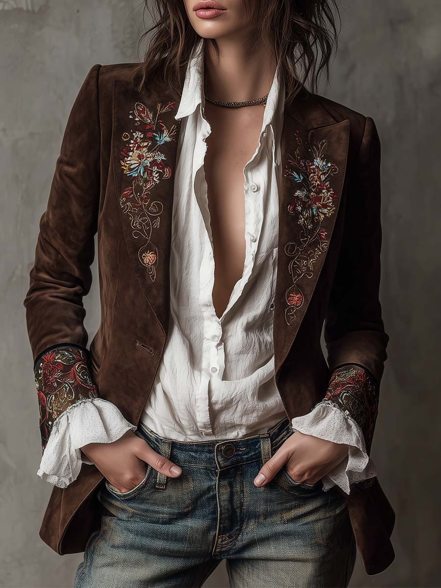 Floral Embroidered Ruffle Cuff Suede Blazer