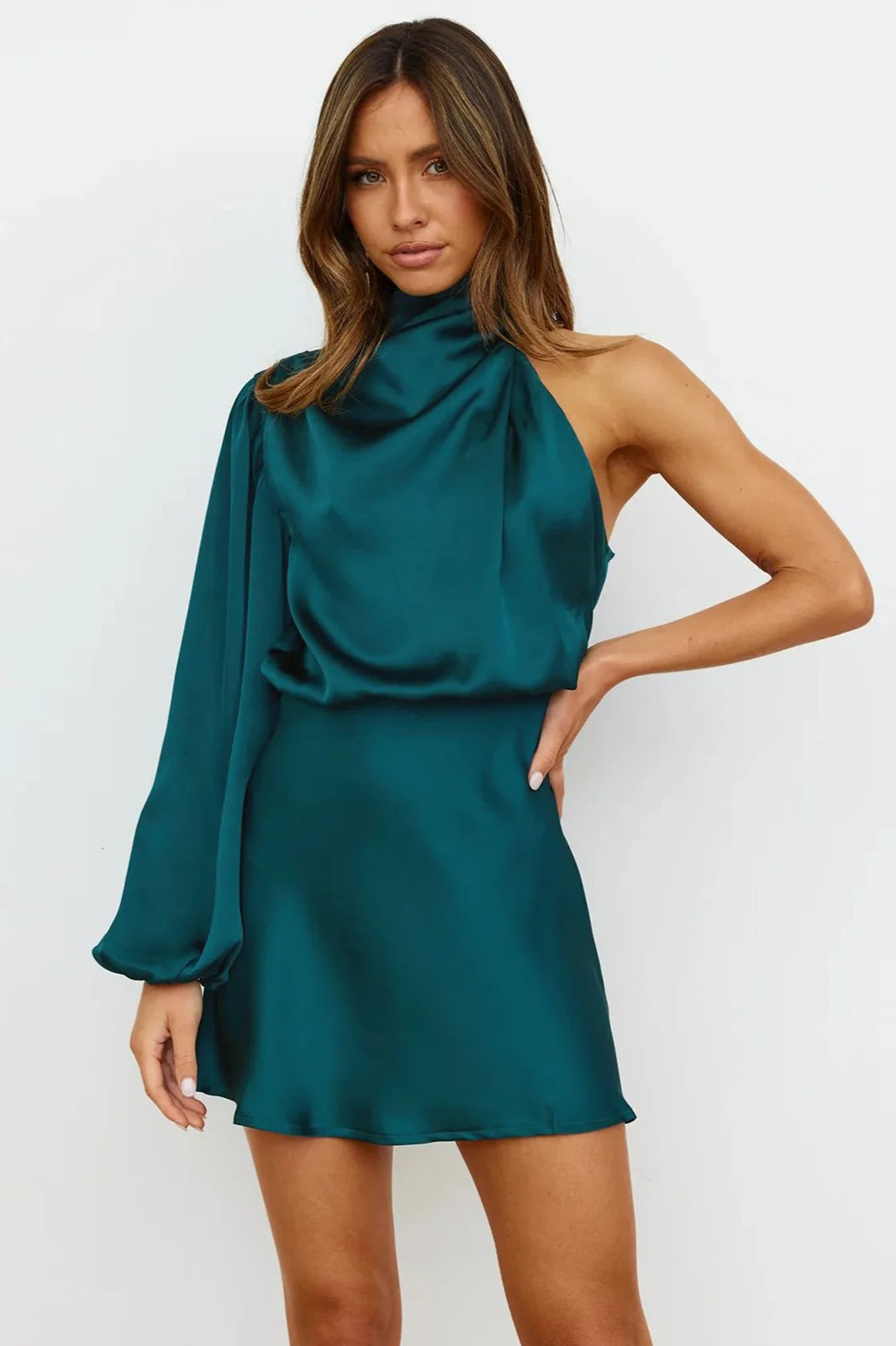 Satin One Shoulder Mini Dress - View 10