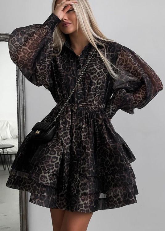 Animal Print Sheer Button Front Puff Sleeve Tiered Ruffle Mini Dress - View 2