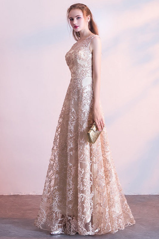 V-Neck Sleeveless Floral Lace A-Line Maxi Dress