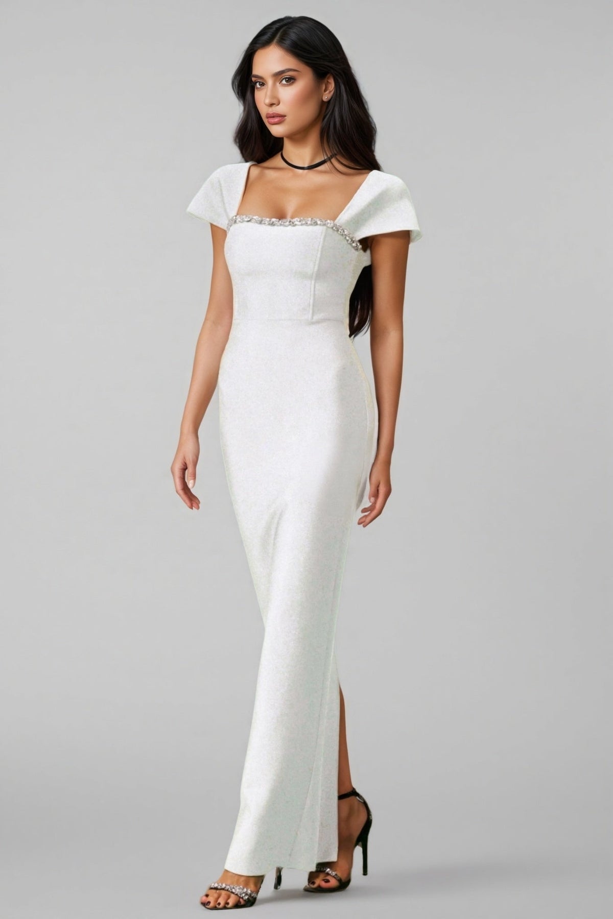 Rhinestone Trim Square Neck Cap Sleeve Shimmer Column Maxi Gown - View 2