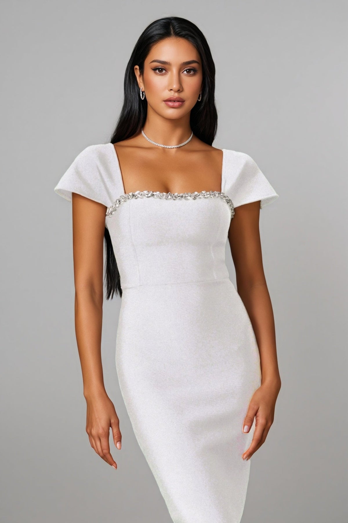 Rhinestone Trim Square Neck Cap Sleeve Shimmer Column Maxi Gown - View 3