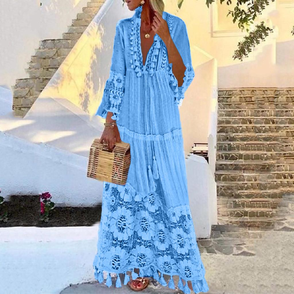 Lace Tassel Trim Flared Cuff Tiered Maxi Summer Dress