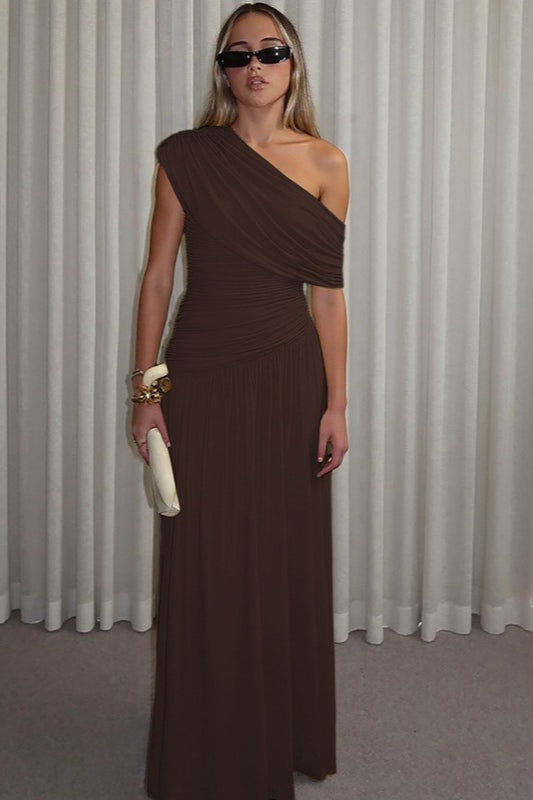 One Shoulder Ruched Draped Flowy Maxi Dress - View 9