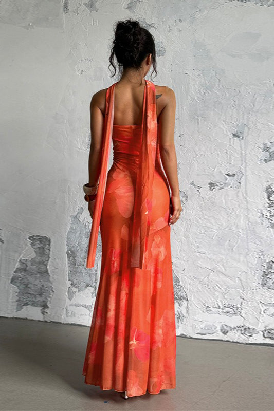 Sexy Strapless Mesh Tie Detail Maxi Floral Dress - View 4