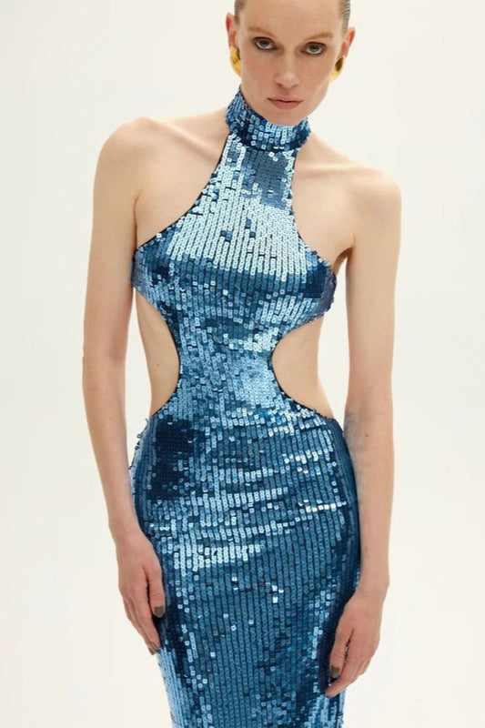 Sequin Halter Neck Cut Out Backless Bodycon Dress