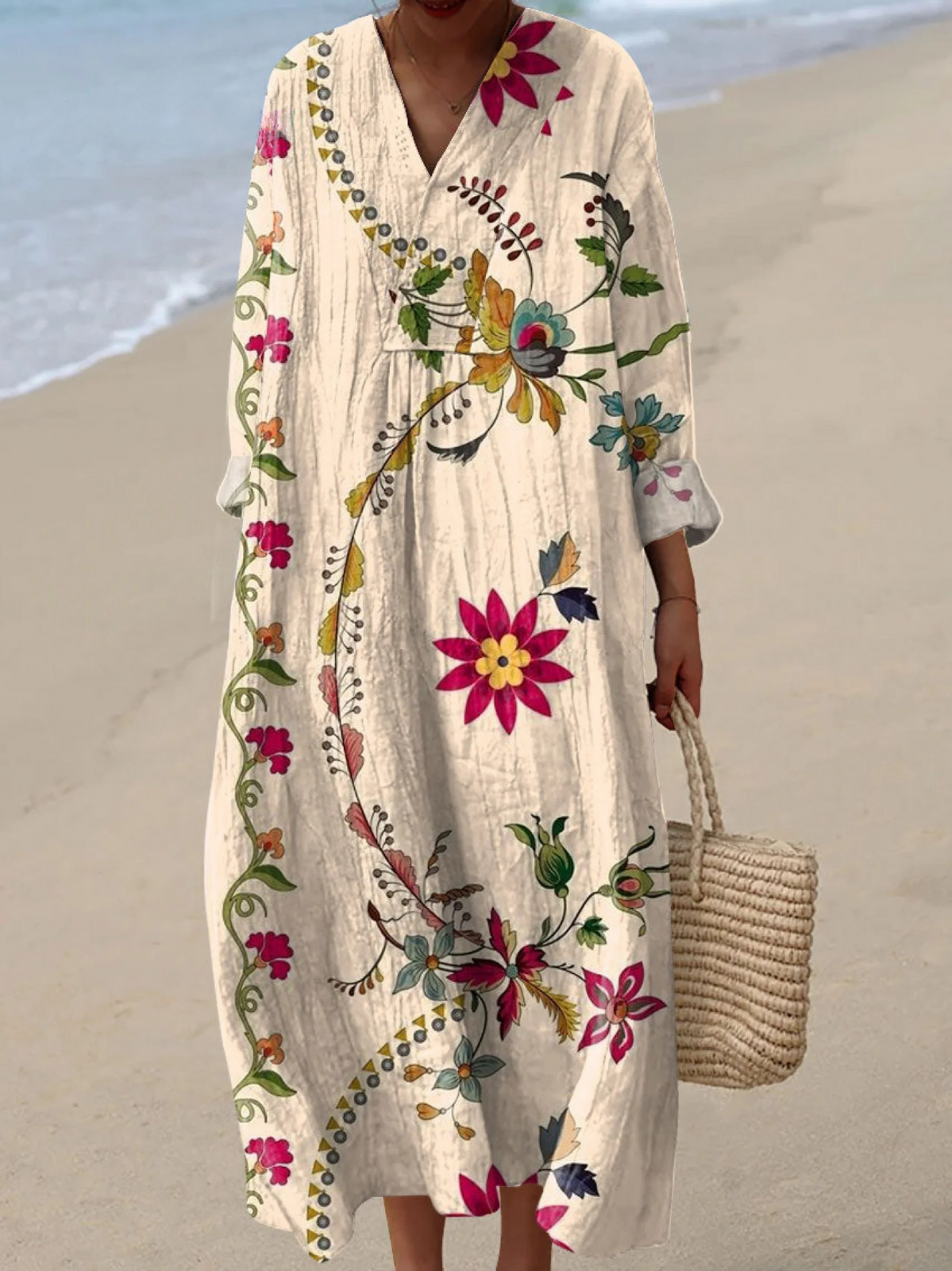 Floral Print V-Neck Long Sleeve Maxi Dress