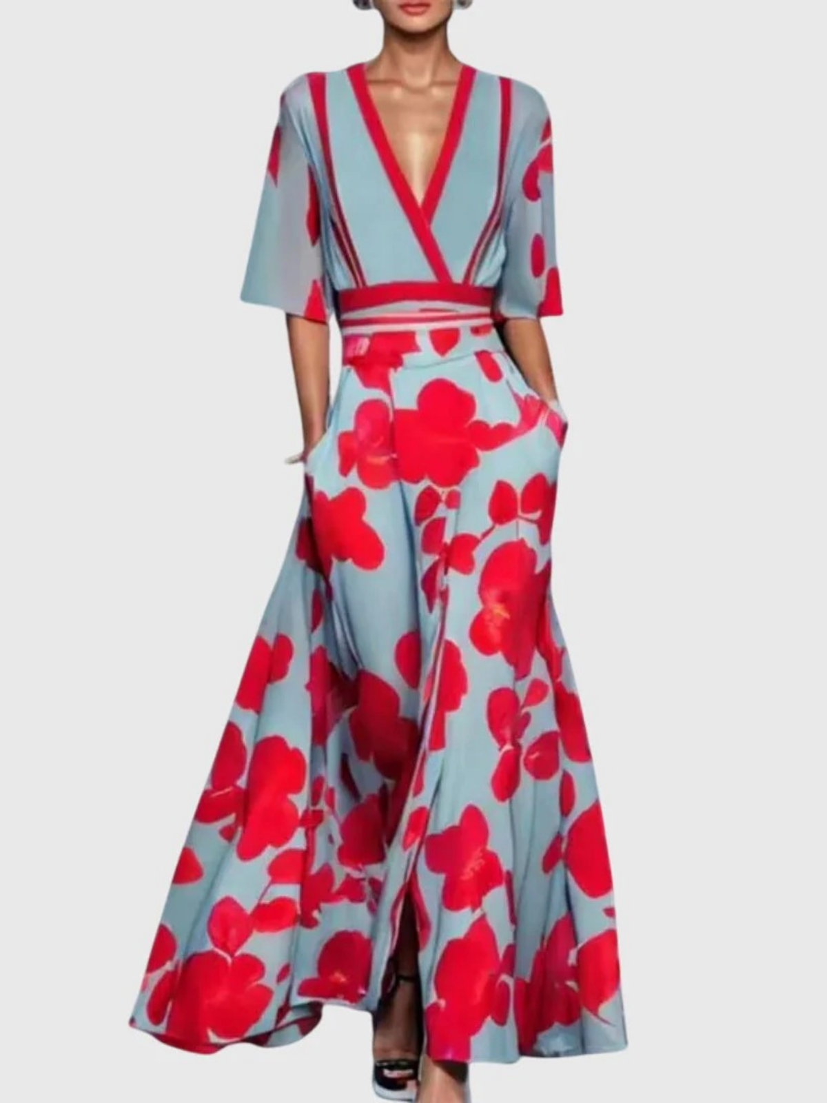 Floral Print Deep V-Neck Half Sleeve High Waist Maxi Dress