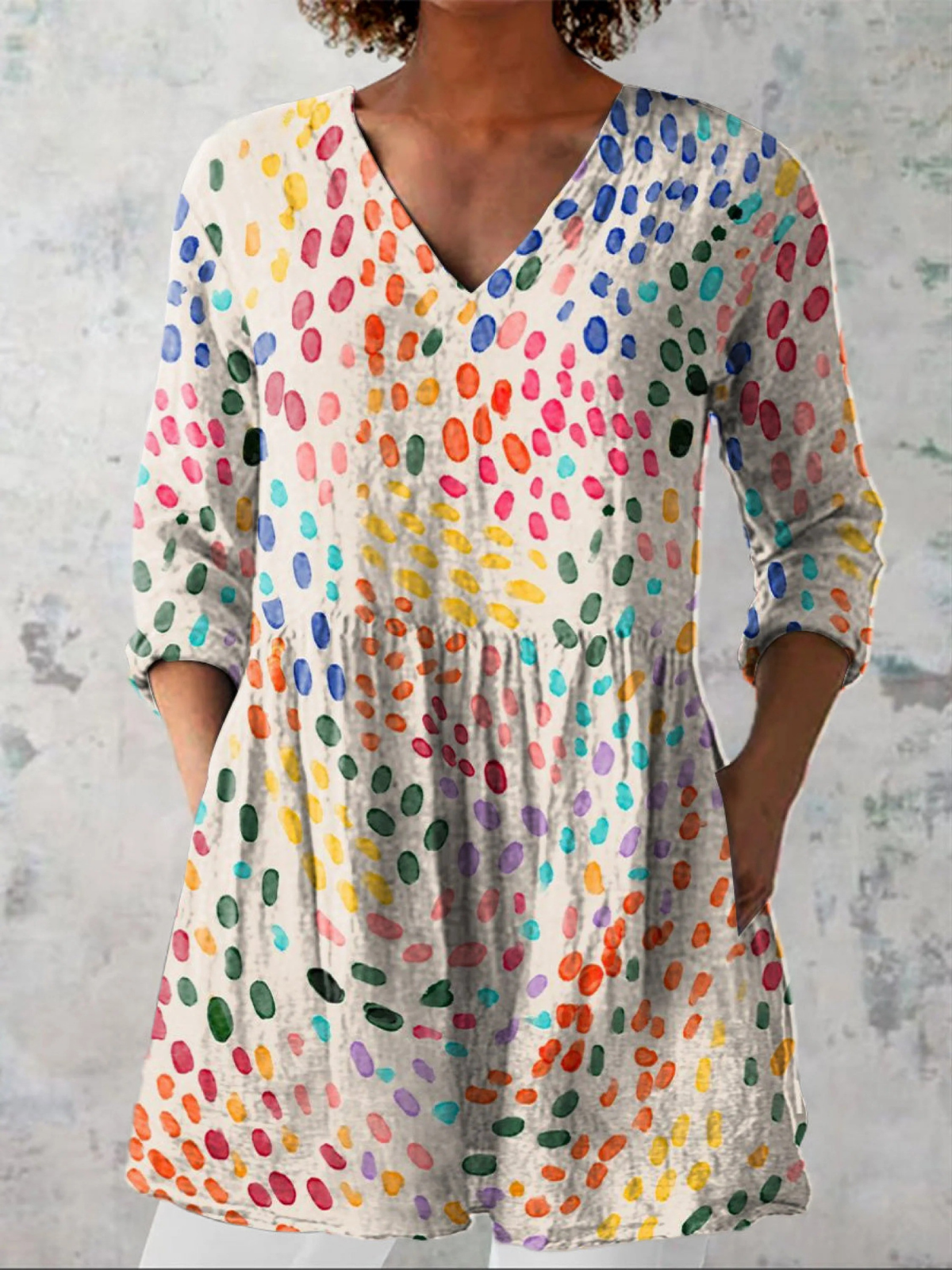 Dot Print V-Neck Long Sleeve Pocket Tunic Blouse