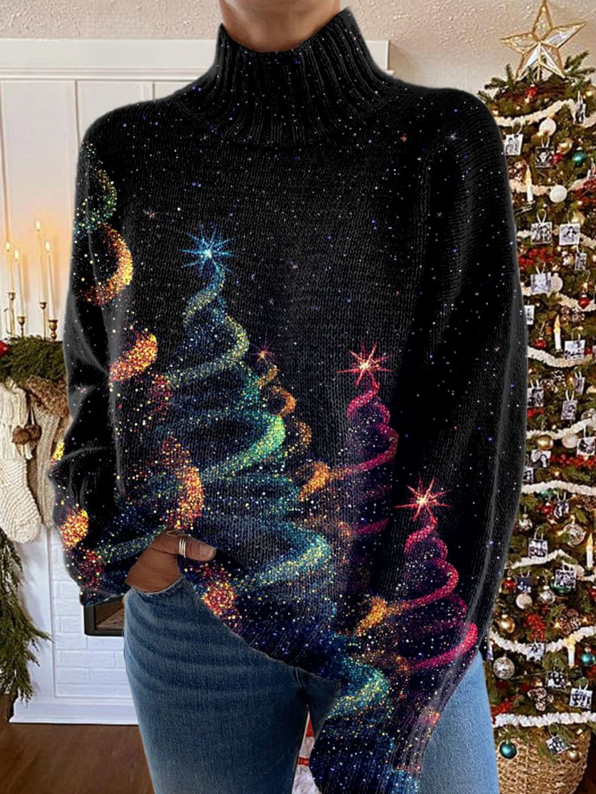 Glitter Christmas Tree Turtleneck Long Sleeve Sweater