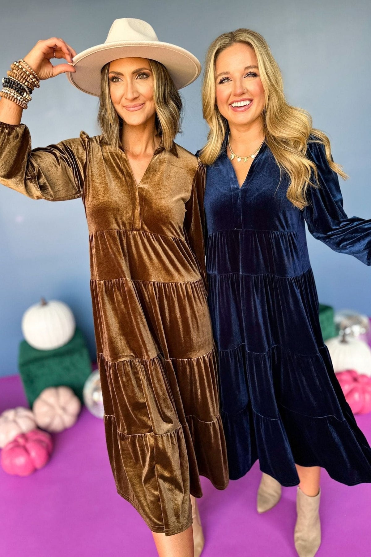 Velvet Collared Long Sleeve Tiered Swing Midi Dress - View 2