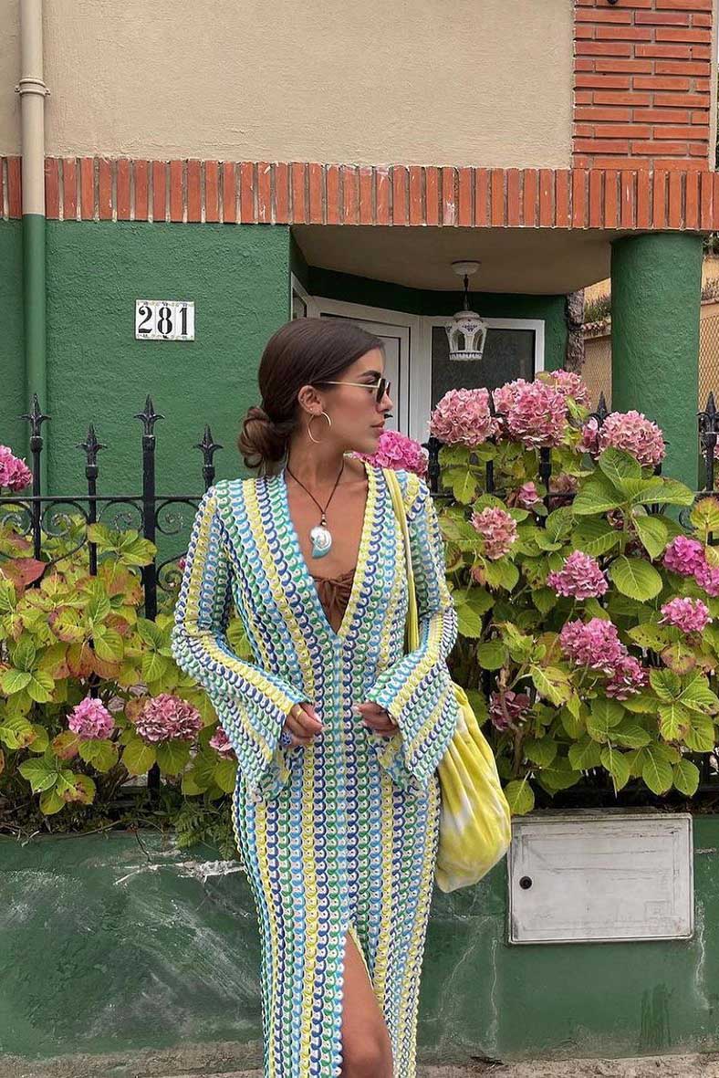 Crochet Deep V-Neck Long Sleeve Striped Boho Maxi Dress - View 23