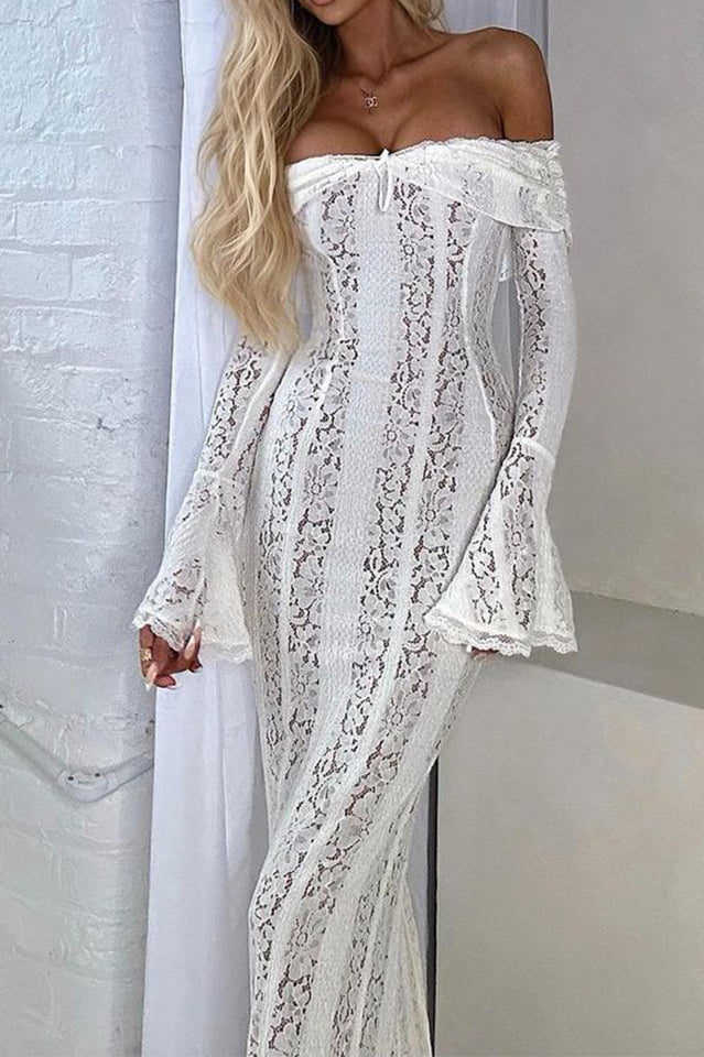 Belle Floral Lace Off Shoulder Maxi Dress in White - View 3