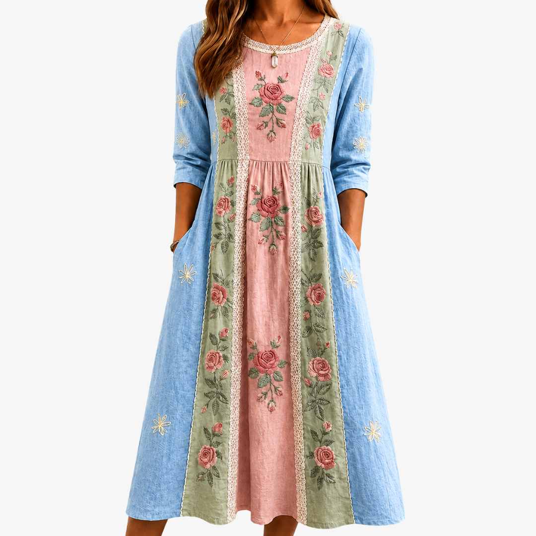 Rose Floral Patchwork Crew Neck Pocket Midi Dress