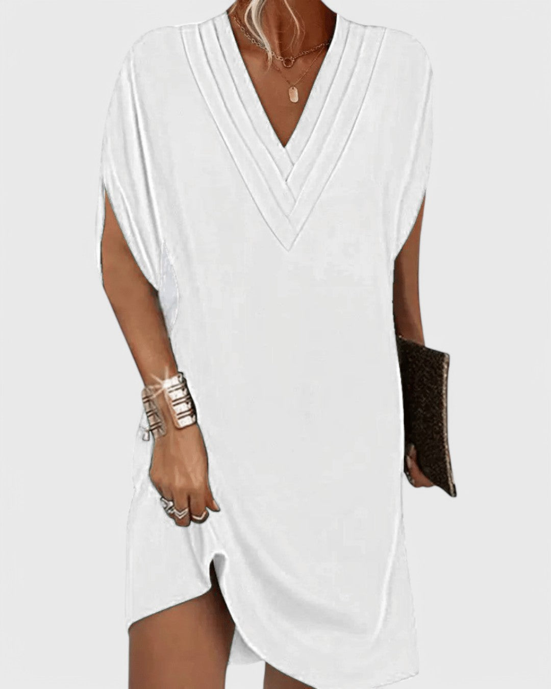 Deep V-Neck Short Sleeve Shift Mini Dress 6