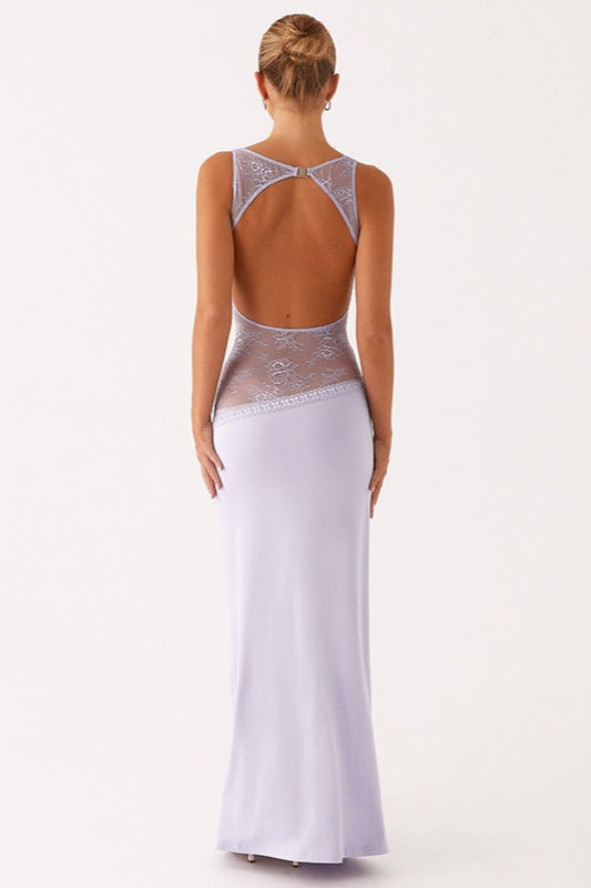 Backless Lace Sheer Mesh Satin Dress